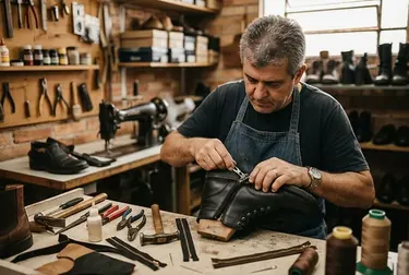 Bota com zíper sendo consertada por especialista, focando na qualidade do serviço.