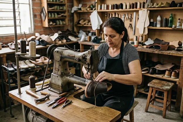 Sapato em processo de costura, mostrando detalhes do trabalho de sapateiro.