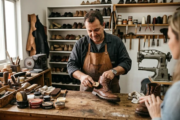 Demonstração de cuidados de sapateiro para aprimorar sapatos, mostrando métodos eficientes.